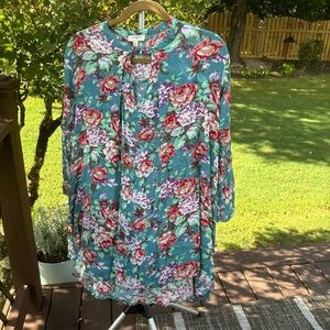 Umgee Teal Floral Bohemian Women's Size Medium Long Sleeve Dress Festival Hippie